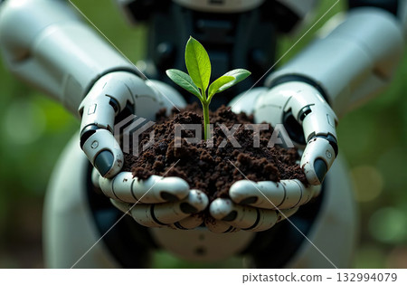 Robot ecologist artificial intelligence hold soil sprout in hands. AI Generative Robot ecologist artificial intelligence hold soil sprout in hands. AI Generative 132994079