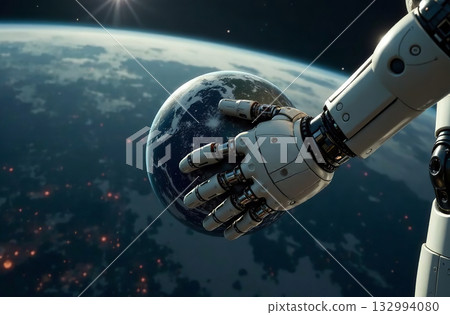 Robot astronaut space, artificial intelligence hold planet hands. AI Generative Robot astronaut space, artificial intelligence hold planet hands. AI Generative 132994080