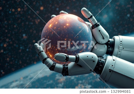 Robot astronaut space, artificial intelligence hold planet hands. AI Generative Robot astronaut space, artificial intelligence hold planet hands. AI Generative 132994081