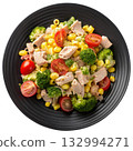 tuna and corn pasta salad with tomatoes and broccoli  132994271