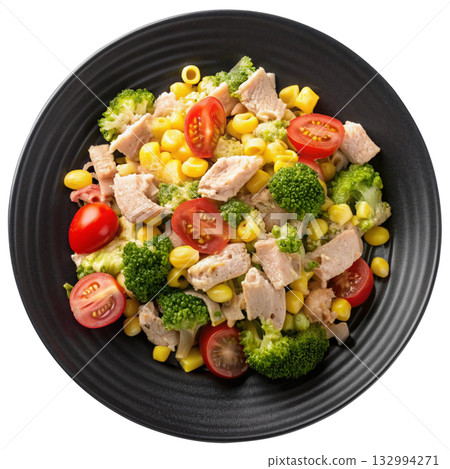 tuna and corn pasta salad with tomatoes and broccoli  132994271