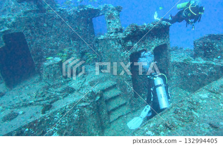 Scuba diving sunken ship Hawaii diver 132994405