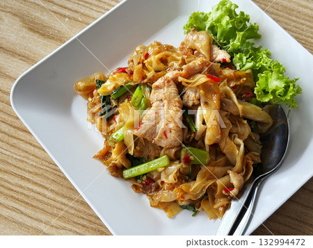 Pad Kee Mao or Drunken Noodles, the Spicy stir-fried flat noodles  132994472