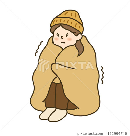 Illustration of a woman shivering wrapped in a blanket 132994746