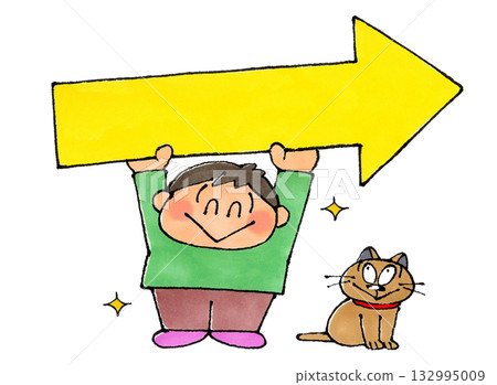 Boy holding an arrow pointing right 132995009