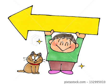 Boy holding an arrow pointing left 132995010