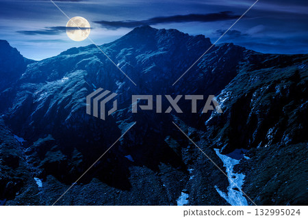 mountain landscape in summer at night. ridge under blue sky with clouds in full moon light. alpine scenery with rocky peaks and steep slopes. horizontal background for investment or abstract concepts mountain landscape in summer at night. ridge under blue sky with clouds in full moon light. alpine scenery with rocky peaks and steep slopes. horizontal background for investment or abstract concepts 132995024