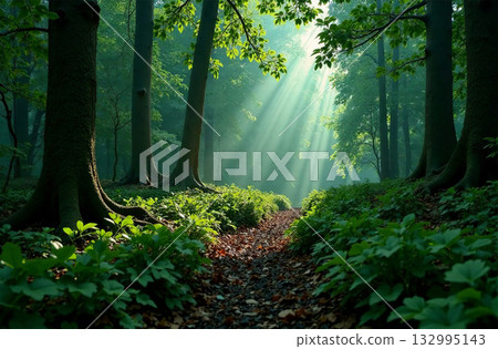 Forest landscape, deciduous and spruce trees, sunset background. AI Generative 132995143