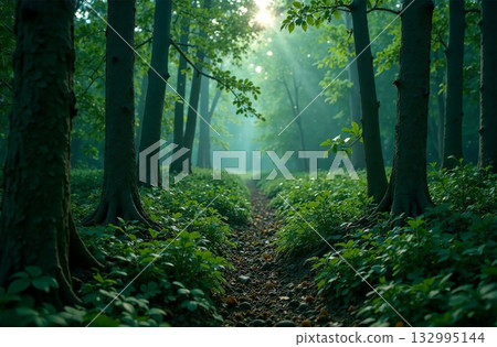 Forest landscape, deciduous and spruce trees, sunset background. AI Generative 132995144