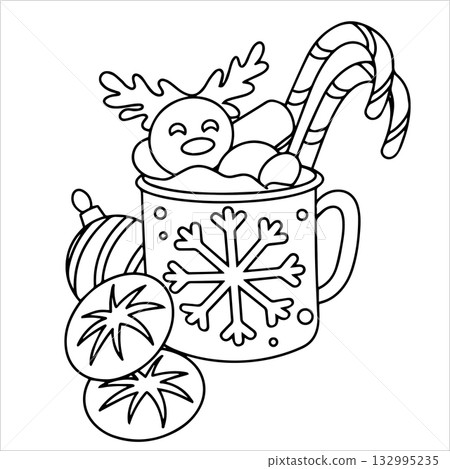 Cute Christmas coloring page. Hot chocolate. Doodle style vector illustration. 132995235