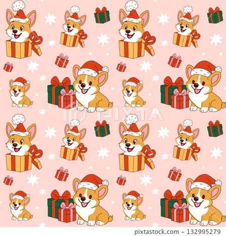Cute corgi puppies in Santa hats celebrating the holiday season with colorful gifts on a cheerful pink background 132995279