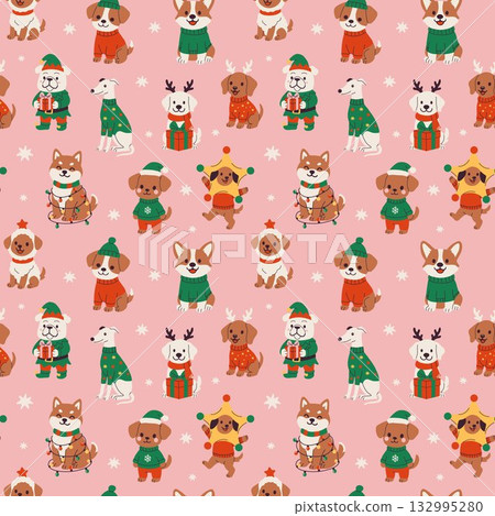 Cute dogs in festive outfits celebrate the holiday season with gifts and decorations on a pink background 132995280