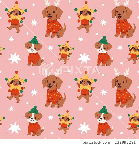 Cute dogs in festive sweaters and hats playfully decorated on a pink background during the holiday season 132995281