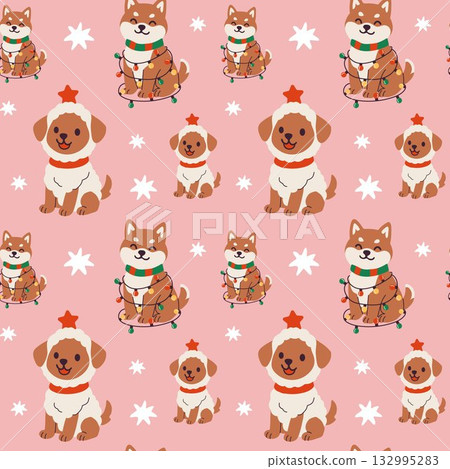 Cute dogs in festive outfits landscape on pink background with snowflakes 132995283