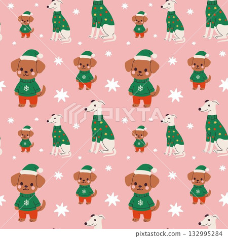 Cute dogs wearing festive sweaters on a pink background with snowflakes during winter season 132995284