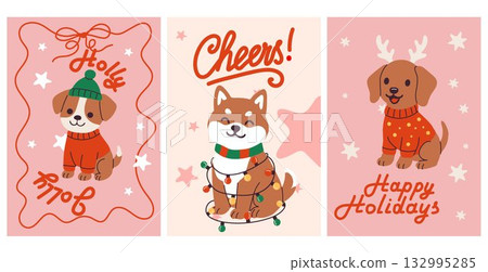 Cute holiday cards featuring playful dogs ready to celebrate seasonal festivities Cute holiday cards featuring playful dogs ready to celebrate seasonal festivities 132995285
