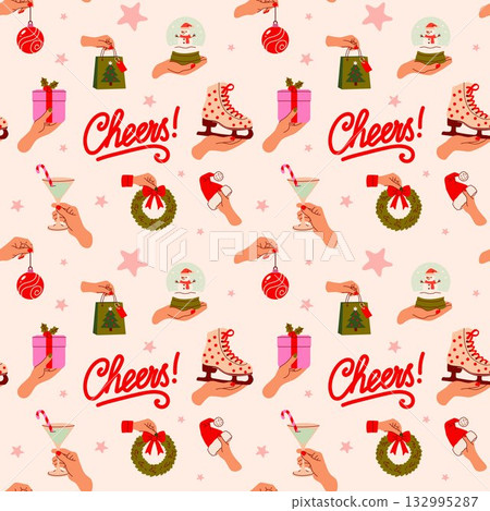 Holiday celebration pattern featuring festive decor, drinks, and cheerful gifts in a vibrant design 132995287