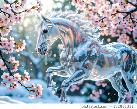 一匹馬和一朵櫻花，由透明玻璃製成 132995331