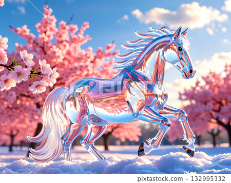 一匹馬和一朵櫻花，由透明玻璃製成 132995332