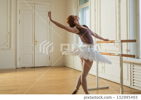 Young ballerina in tutu skirt stretching practicing ballet positions dancing near ballet barre in dance class. Young classical dancer woman in dance studio. Ballet class training Ballet school concept Young ballerina in tutu skirt stretching practicing ballet positions dancing near ballet barre in dance class. Young classical dancer woman in dance studio. Ballet class training Ballet school concept 132995493