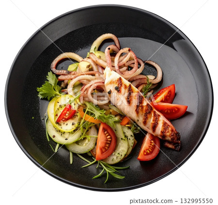 grilled squid garnished with vegetables 132995550