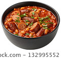 hearty bean stew with sausage herbs and spices 132995552