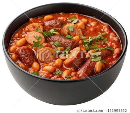 hearty bean stew with sausage herbs and spices 132995552