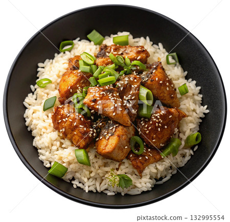 teriyaki chicken with green onion rice 132995554