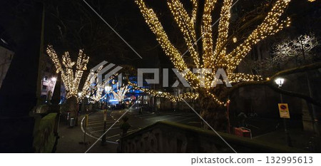Tree trunks covered in twinkling Christmas lights in Strasbourg, mobile photo. Festive city scene perfect for illustrating holiday decorations, seasonal atmosphere, and urban celebration. 132995613