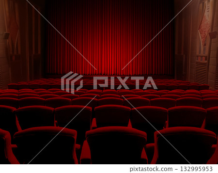 Empty Theater Seats Facing Red Velvet Stage Curtain. 132995953