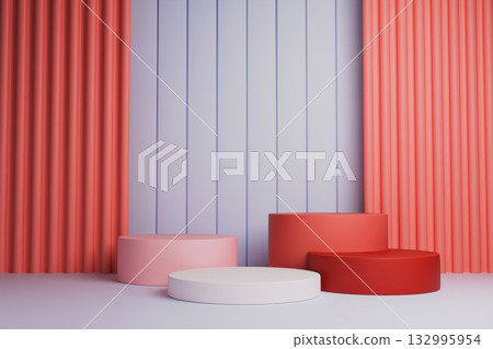 a static scene with several cylindrical podiums of different sizes and colors 132995954