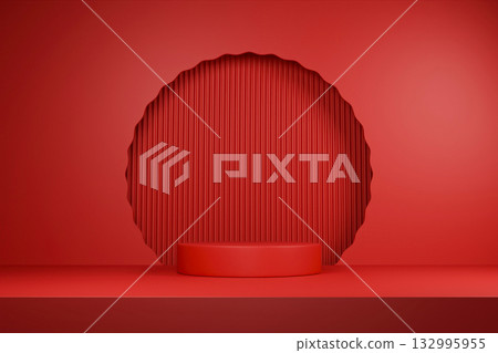 red cylindrical pedestal is centrally positioned in front of a textured circular red cylindrical pedestal is centrally positioned in front of a textured circular 132995955