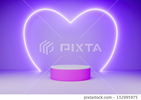 A pink podium is positioned in front of a glowing neon heart A pink podium is positioned in front of a glowing neon heart 132995975