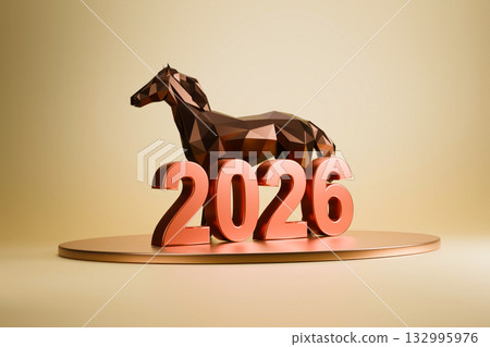 A stylized horse statue stands on a platform in front of the numbers 2026 A stylized horse statue stands on a platform in front of the numbers 2026 132995976