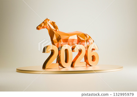 The horse, as the symbol of the upcoming year,stands proudly on the numbers 2026 The horse, as the symbol of the upcoming year,stands proudly on the numbers 2026 132995979