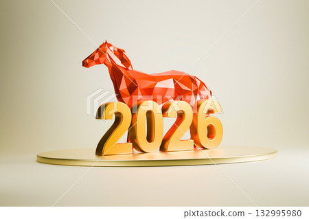 The horse-shaped symbol of the new year 2026 stands on a pedestal-podium. The horse-shaped symbol of the new year 2026 stands on a pedestal-podium. 132995980