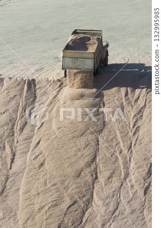 Trucks unloading raw salt bulk, Salinas Grandes  132995985