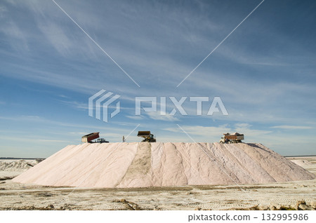 Trucks unloading raw salt bulk, Salinas Grandes Trucks unloading raw salt bulk, Salinas Grandes 132995986