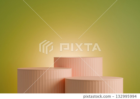 Orange three cylindrical podiums are standing still,ready to display a product. 132995994