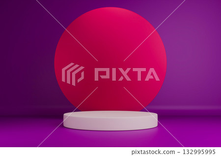 red sphere is displayed on a pedestal,set against a blurred purple background 132995995