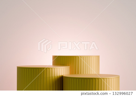 Golden three cylindrical podiums are standing still,ready to display a product. Golden three cylindrical podiums are standing still,ready to display a product. 132996027