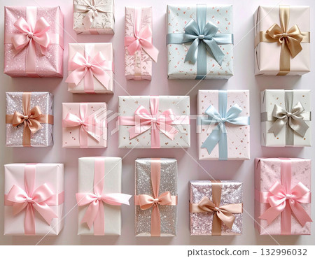 Modern design. Gift boxes in pastel colors. Celebration, birthdays, Christmas and branding. Packaging. Top view. 132996032