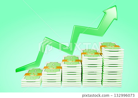 The stacks of money and the green arrow are showing an increasing trend 132996073