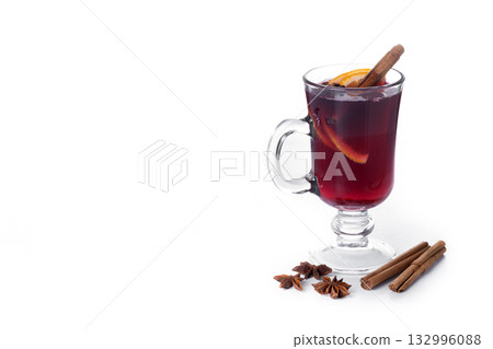 Mulled Wine with Orange and Cinnamon Sticks and Christmas decoration 132996088