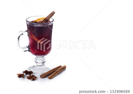 Mulled Wine with Orange and Cinnamon Sticks and Christmas decoration Mulled Wine with Orange and Cinnamon Sticks and Christmas decoration 132996089