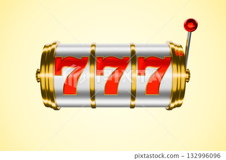 The slot machine's reels have stopped on the winning combination of three sevens 132996096