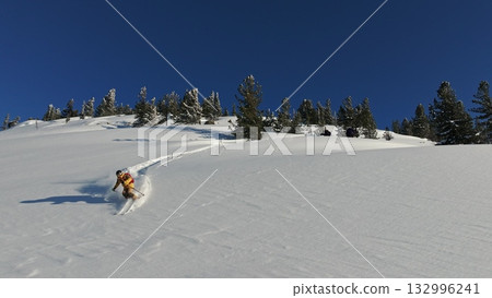 Ski enthusiast carving through pristine powdered snow on mountain 132996241