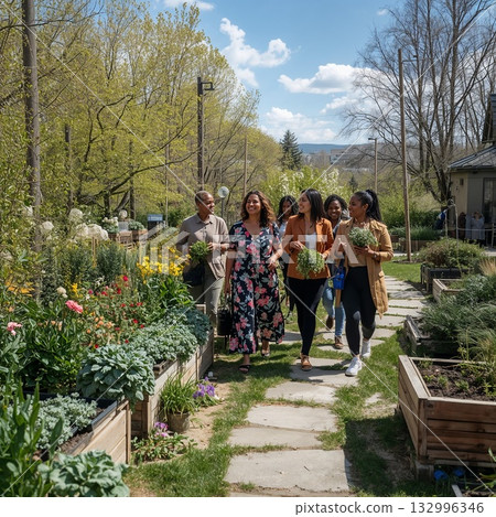 春天，一群不同膚色的女性在城市花園裡採摘草藥，畫面生動而充滿活力。 132996346