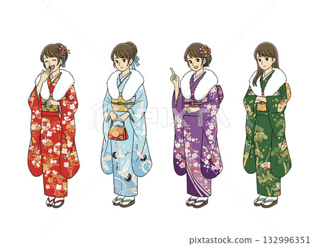 插圖描繪了一位身穿振袖長袍的女性參加成年禮的場景 132996351