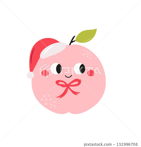 Vector illustration of funny apple character with Santa hat in cute flat cartoon style Vector illustration of funny apple character with Santa hat in cute flat cartoon style 132996708